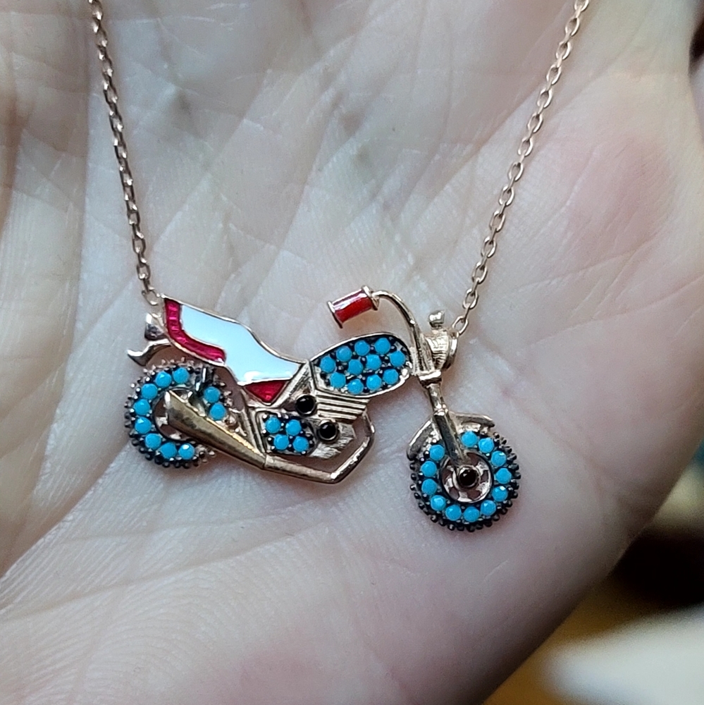 Turquoise & Onyx enamel sterling & rose gold Motorcycle necklace 18" - Picture 3 of 4